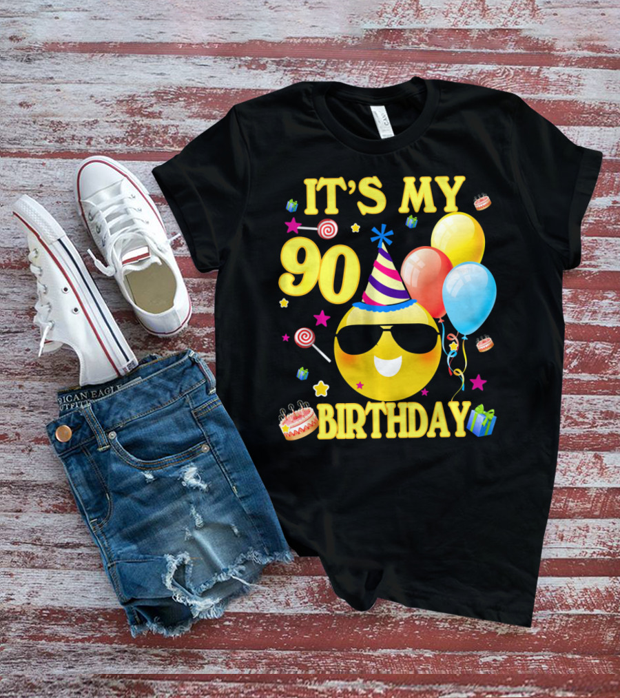 It's My 90 Birthday Cute Emoji Cake Balloons Party Hat T-Shirt