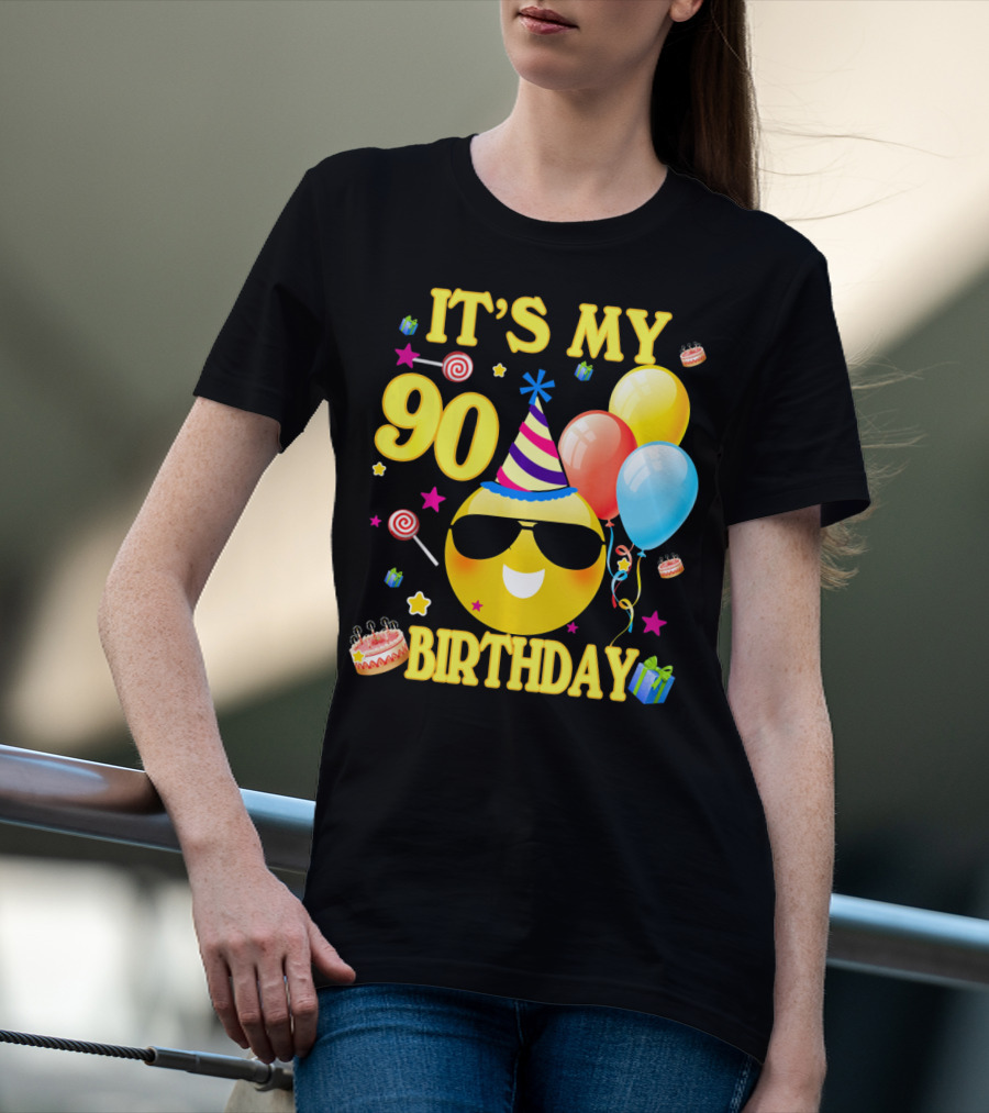 It's My 90 Birthday Cute Emoji Cake Balloons Party Hat T-Shirt