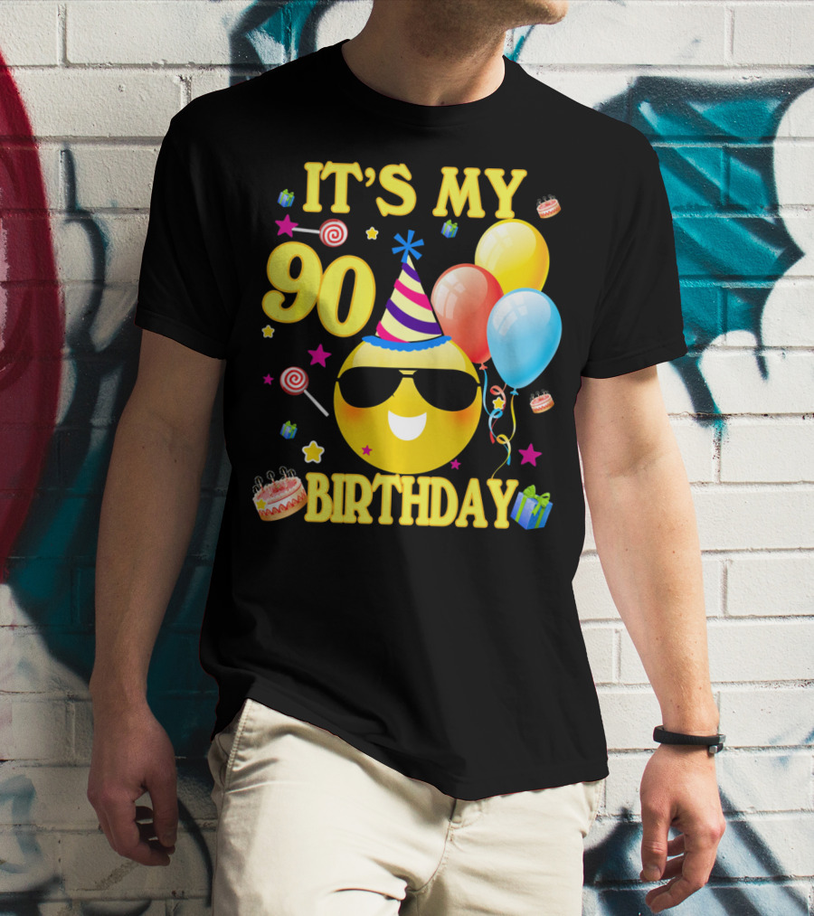 It's My 90 Birthday Cute Emoji Cake Balloons Party Hat T-Shirt