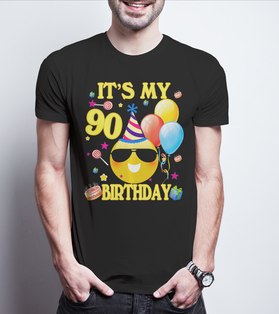 It's My 90 Birthday Cute Emoji Cake Balloons Party Hat T-Shirt