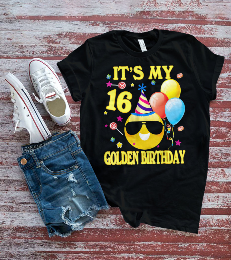 It's My 16 Golden Birthday Emoji Balloons Party Hat T-Shirt