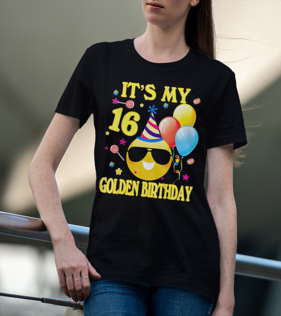 It's My 16 Golden Birthday Emoji Balloons Party Hat T-Shirt