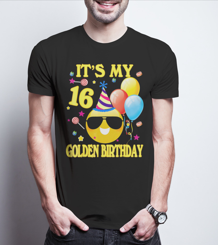 It's My 16 Golden Birthday Emoji Balloons Party Hat T-Shirt