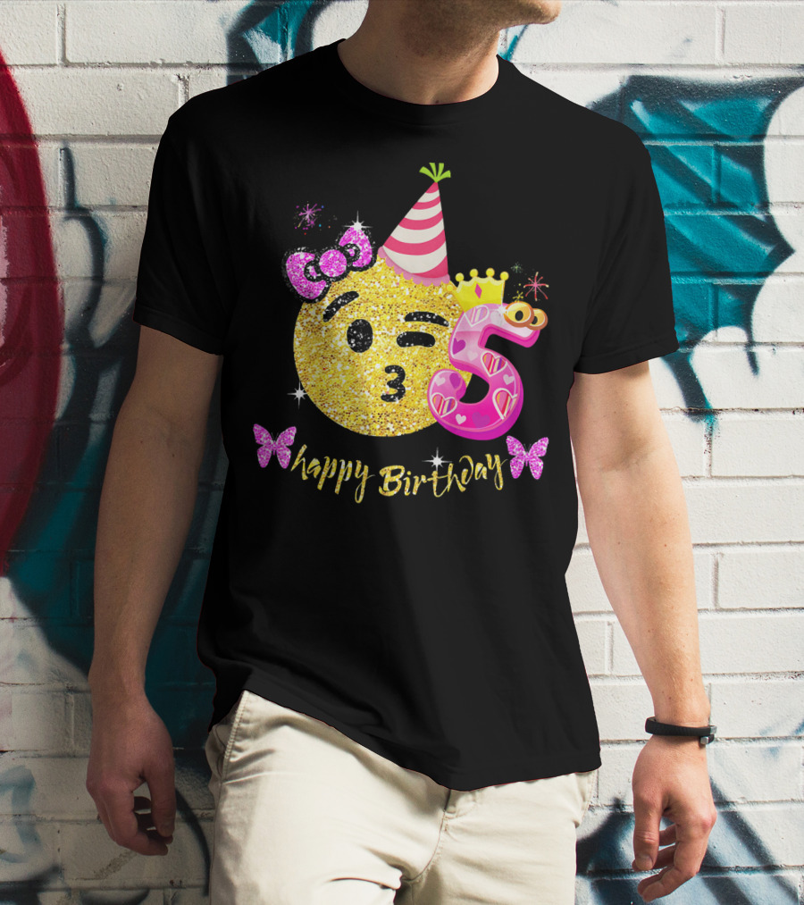 Happy Birthday Five Years Emoji Glitter T-Shirt
