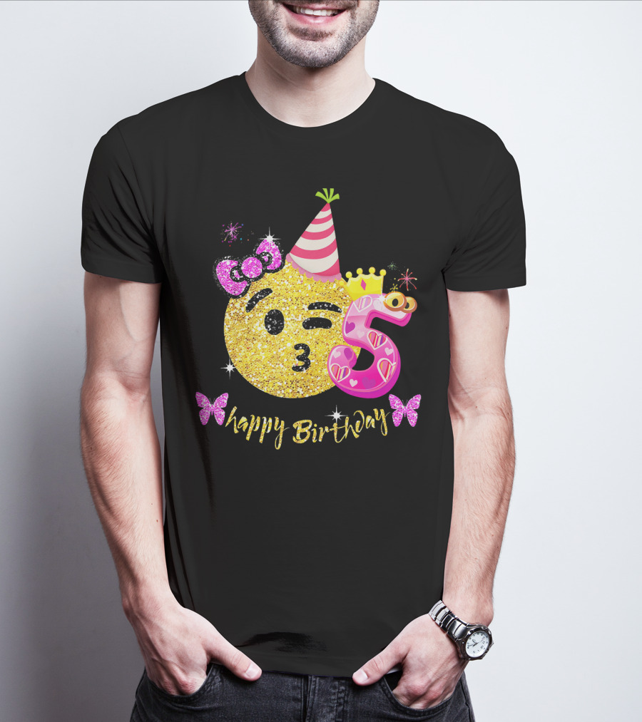 Happy Birthday Five Years Emoji Glitter T-Shirt