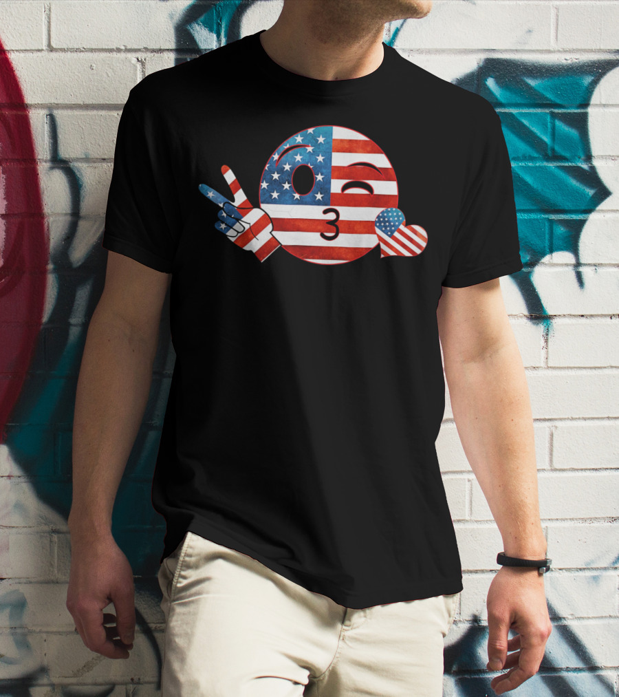 Unique Peace Emoji Patriotic American Flag Kiss Heart T-Shirt