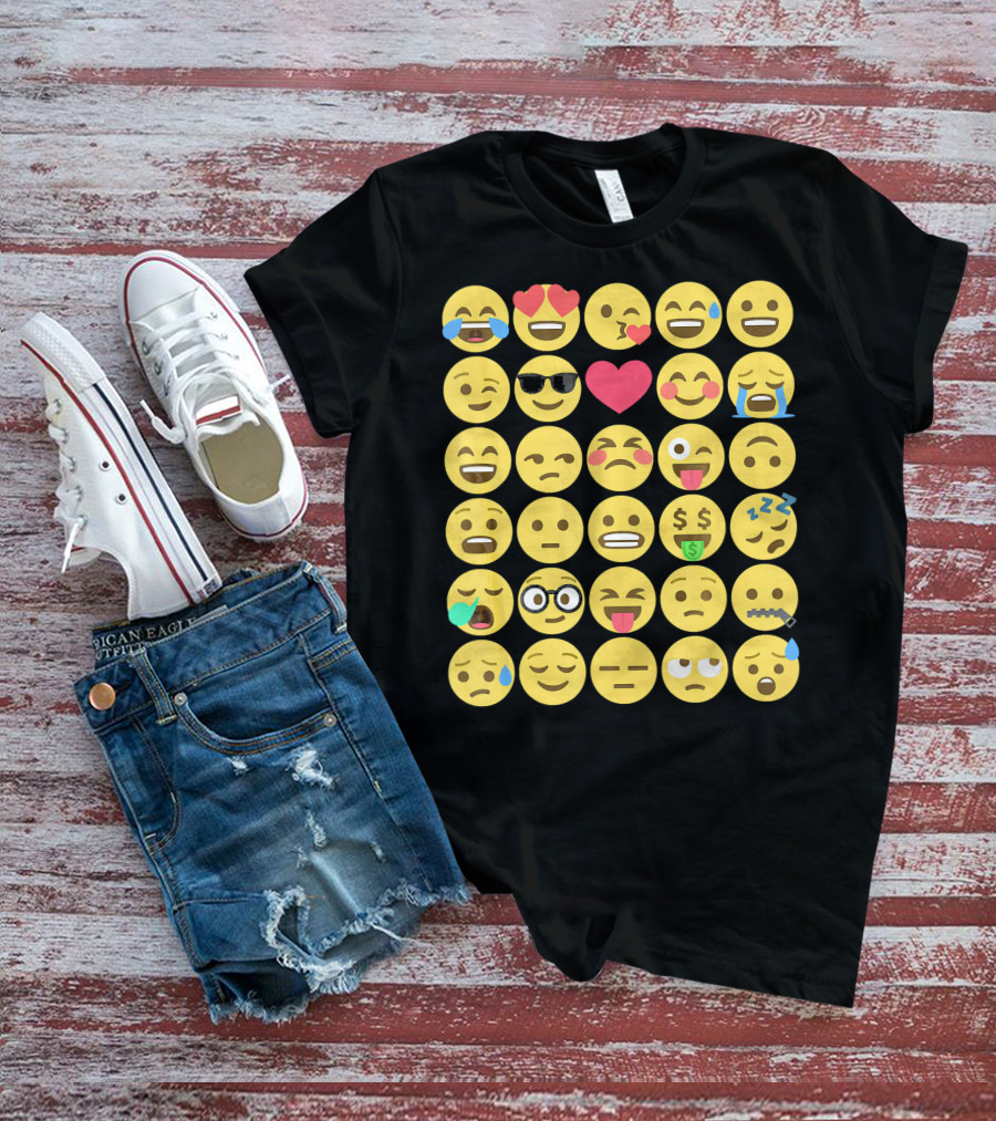 Emoji Emoticons Smiley Faces Heart Sunglasses Laughing Crying Stack T-Shirt