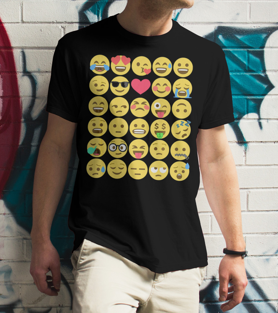 Emoji Emoticons Smiley Faces Heart Sunglasses Laughing Crying Stack T-Shirt