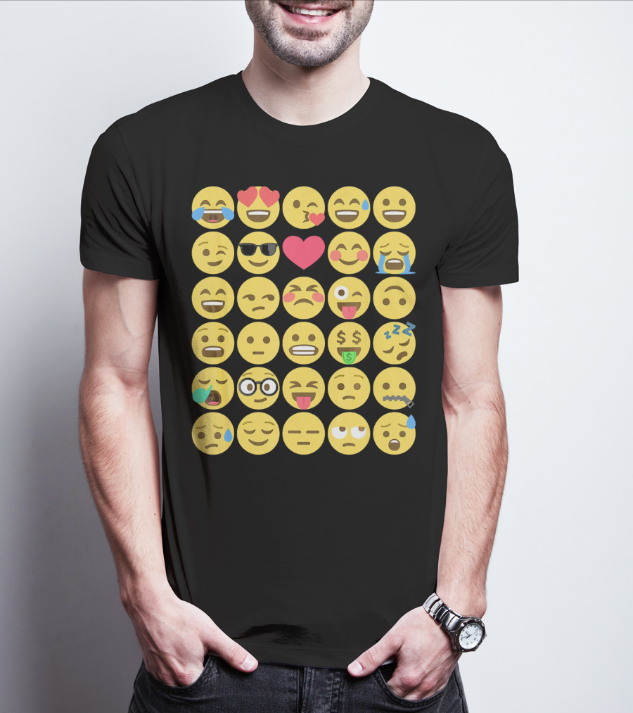 Emoji Emoticons Smiley Faces Heart Sunglasses Laughing Crying Stack T-Shirt