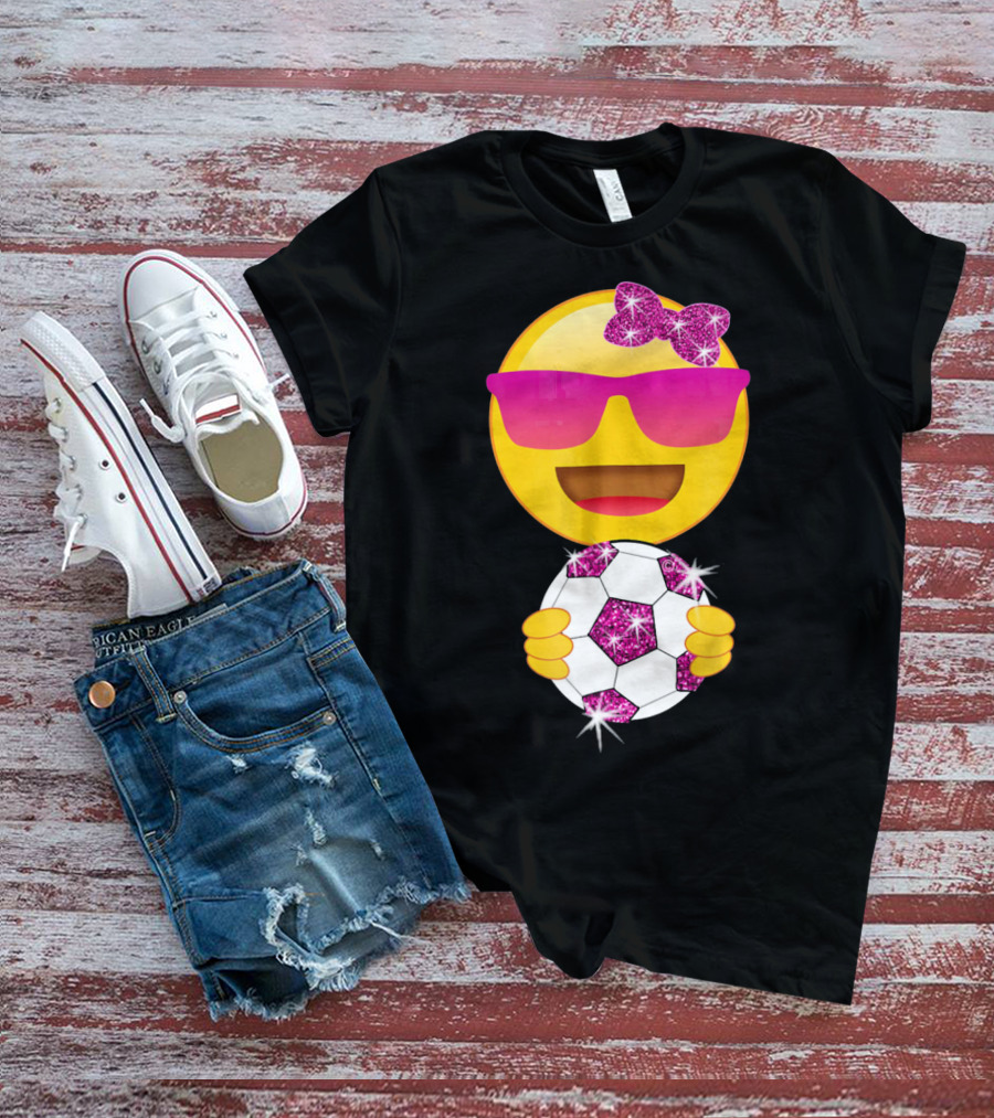 Cute Emoji With Sunglasses Holding A Sparkling Soccer Ball And Glitter Bow T-Shirt