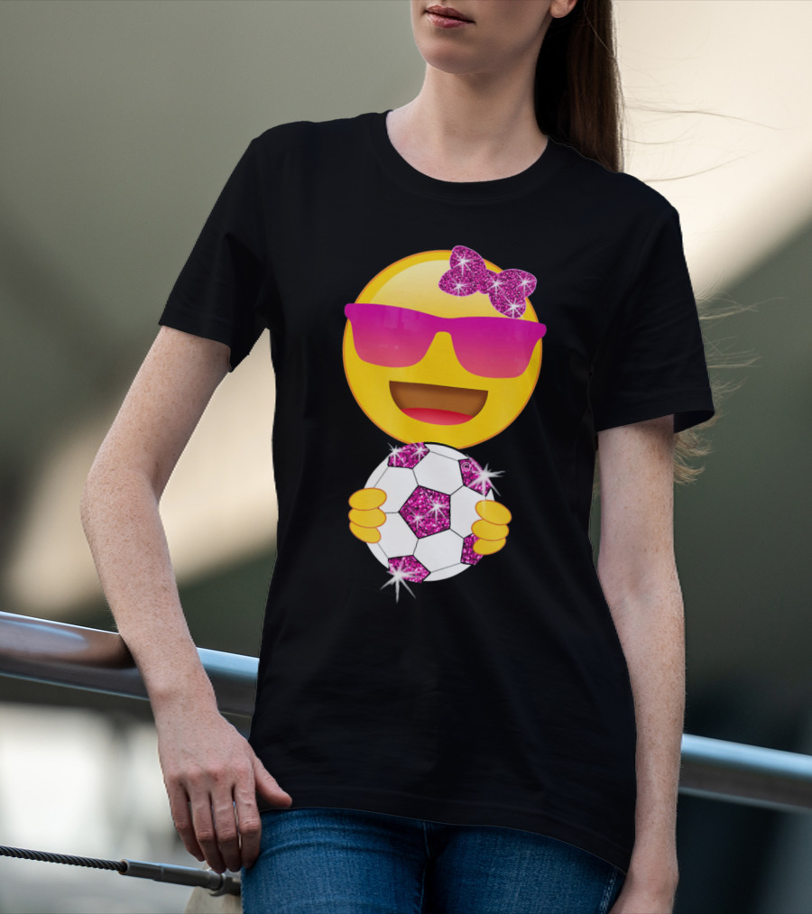 Cute Emoji With Sunglasses Holding A Sparkling Soccer Ball And Glitter Bow T-Shirt
