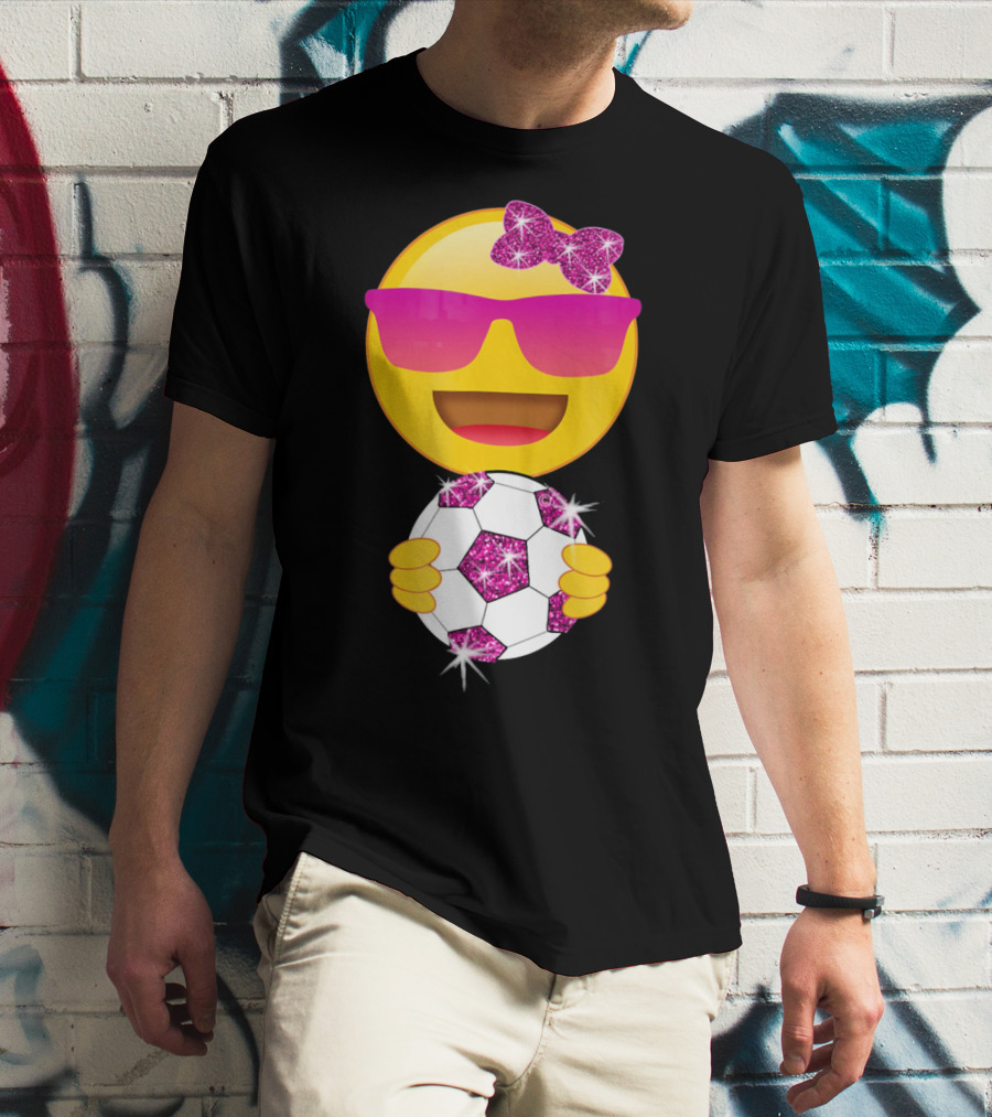 Cute Emoji With Sunglasses Holding A Sparkling Soccer Ball And Glitter Bow T-Shirt