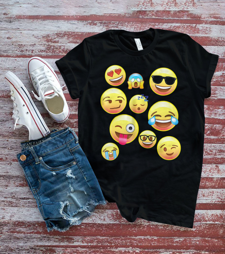 Funny Emoji Faces For Girls Heart Eyes Sleepy Wink Tears Sunglasses Zany T-Shirt