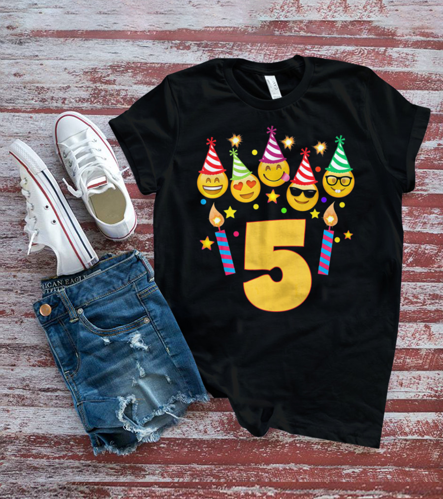 Five Year Old Birthday With Party Emoji Faces And Candles T-Shirt
