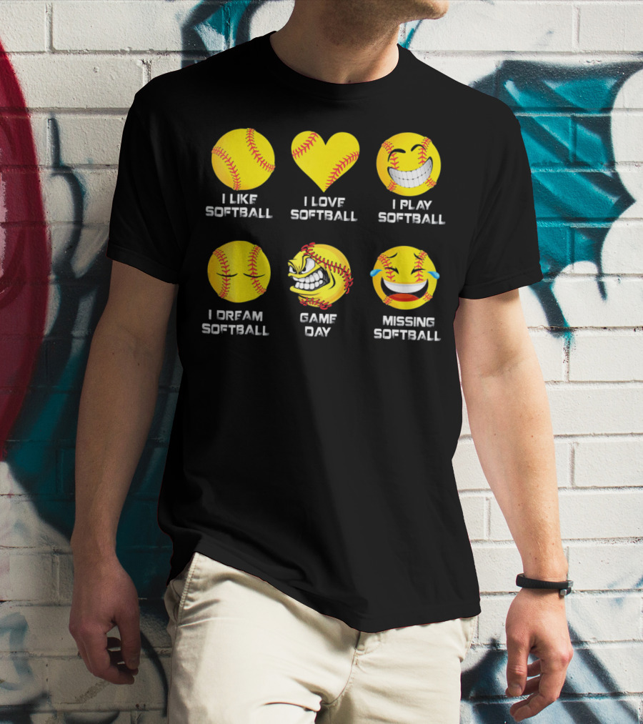 Softball Emoji I Like Love Play Dream Game Day Missing Softball T-Shirt