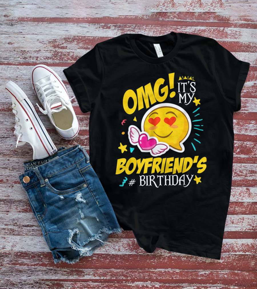 OMG It's My Boyfriend's Birthday Cool Emo Emoji Hearts Wings T-Shirt