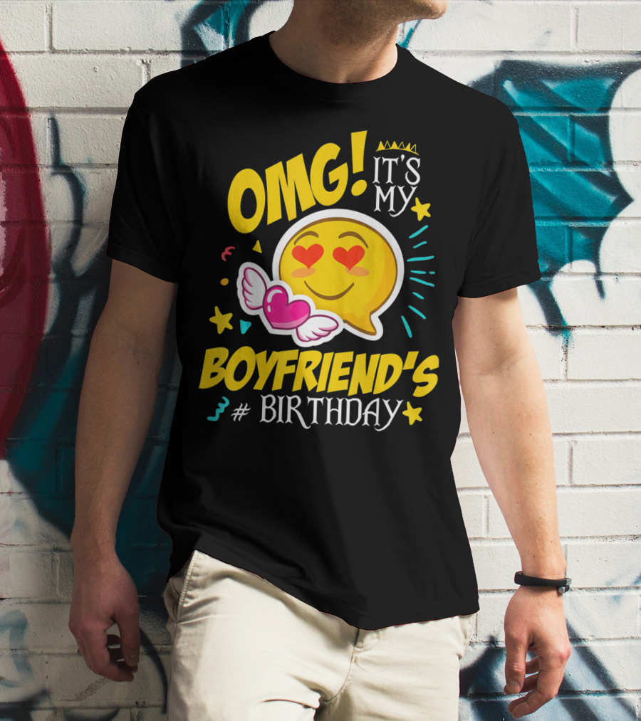 OMG It's My Boyfriend's Birthday Cool Emo Emoji Hearts Wings T-Shirt