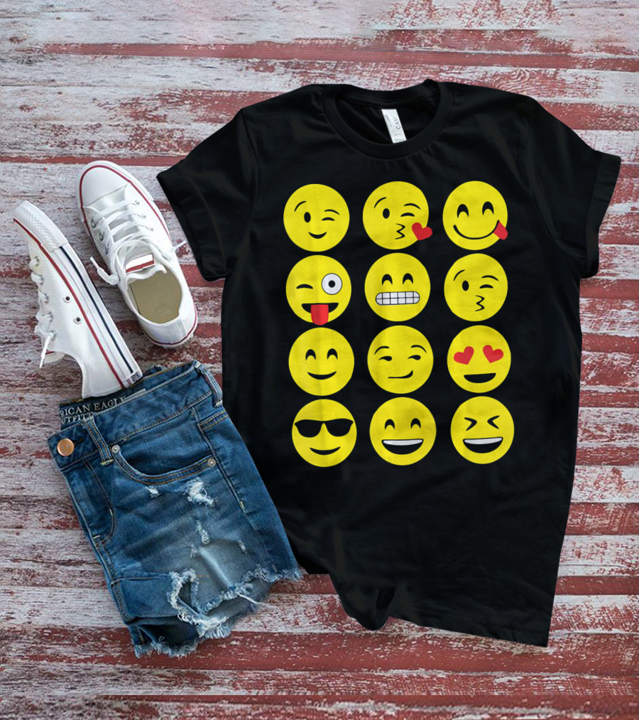 Emojis Funny Emoji Yellow Face Winking Smiling Heart Eyes Sunglasses Expression T-Shirt