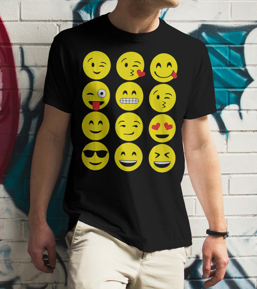 Emojis Funny Emoji Yellow Face Winking Smiling Heart Eyes Sunglasses Expression T-Shirt