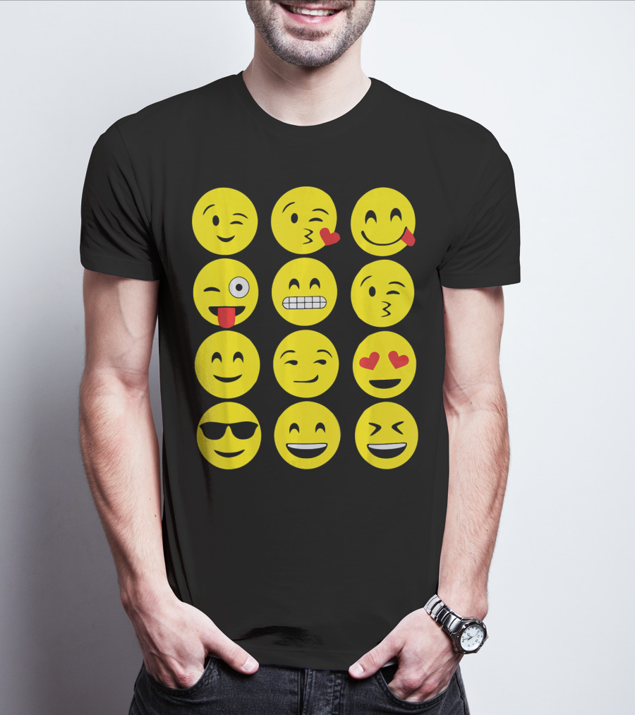 Emojis Funny Emoji Yellow Face Winking Smiling Heart Eyes Sunglasses Expression T-Shirt