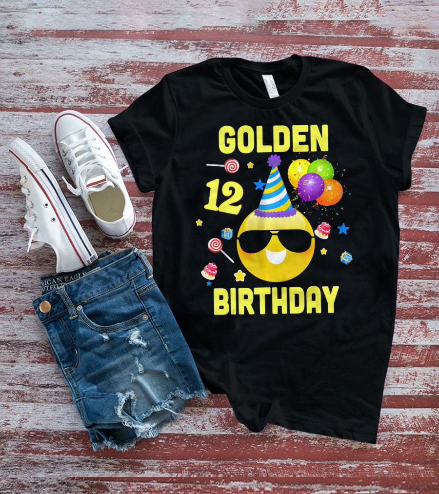 Golden Birthday 12 Emoji Party Hat Sunglasses Balloons Confetti T-Shirt