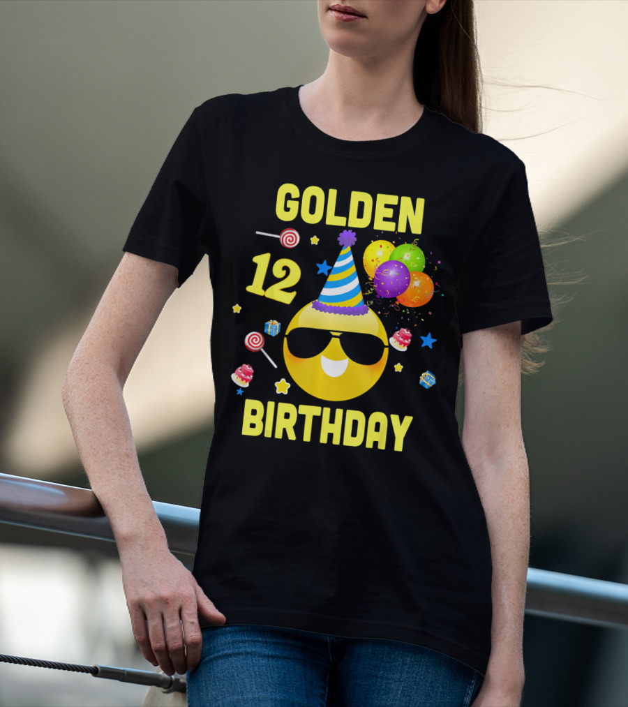 Golden Birthday 12 Emoji Party Hat Sunglasses Balloons Confetti T-Shirt