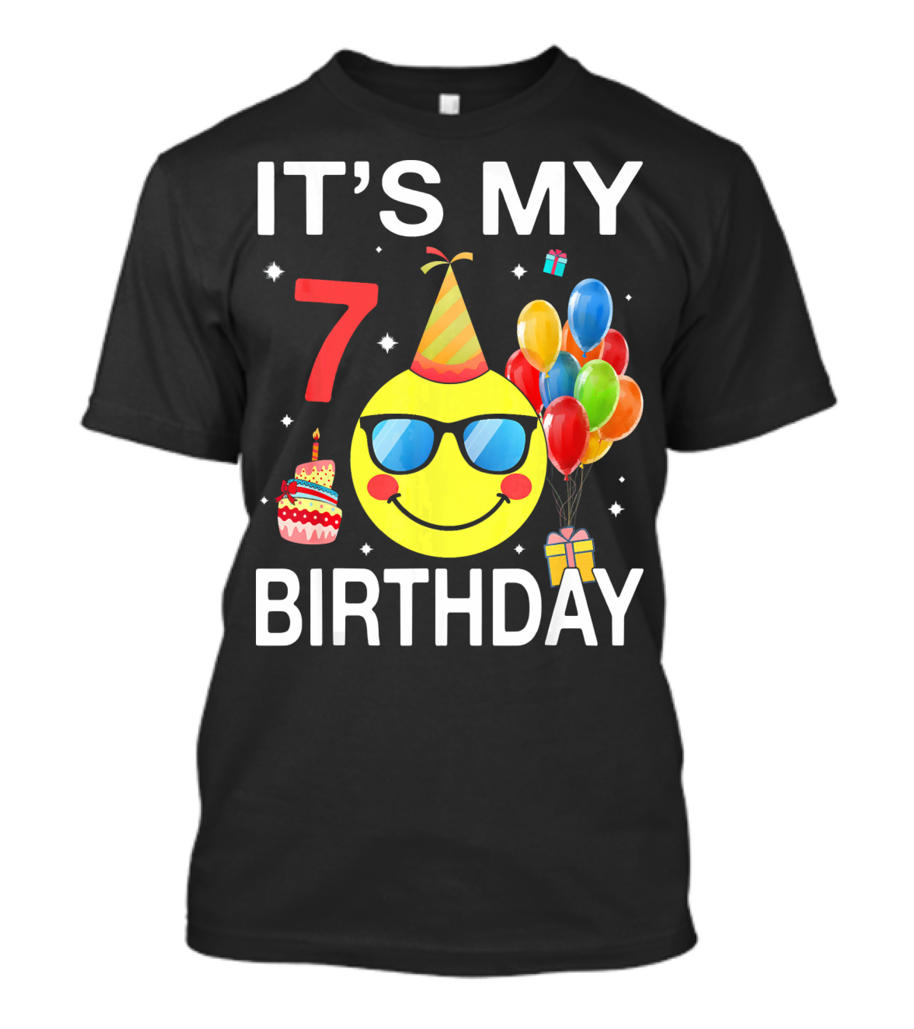 IT'S MY 7 BIRTHDAY Emoji Party Hat Sunglasses Balloons Cake T-Shirt