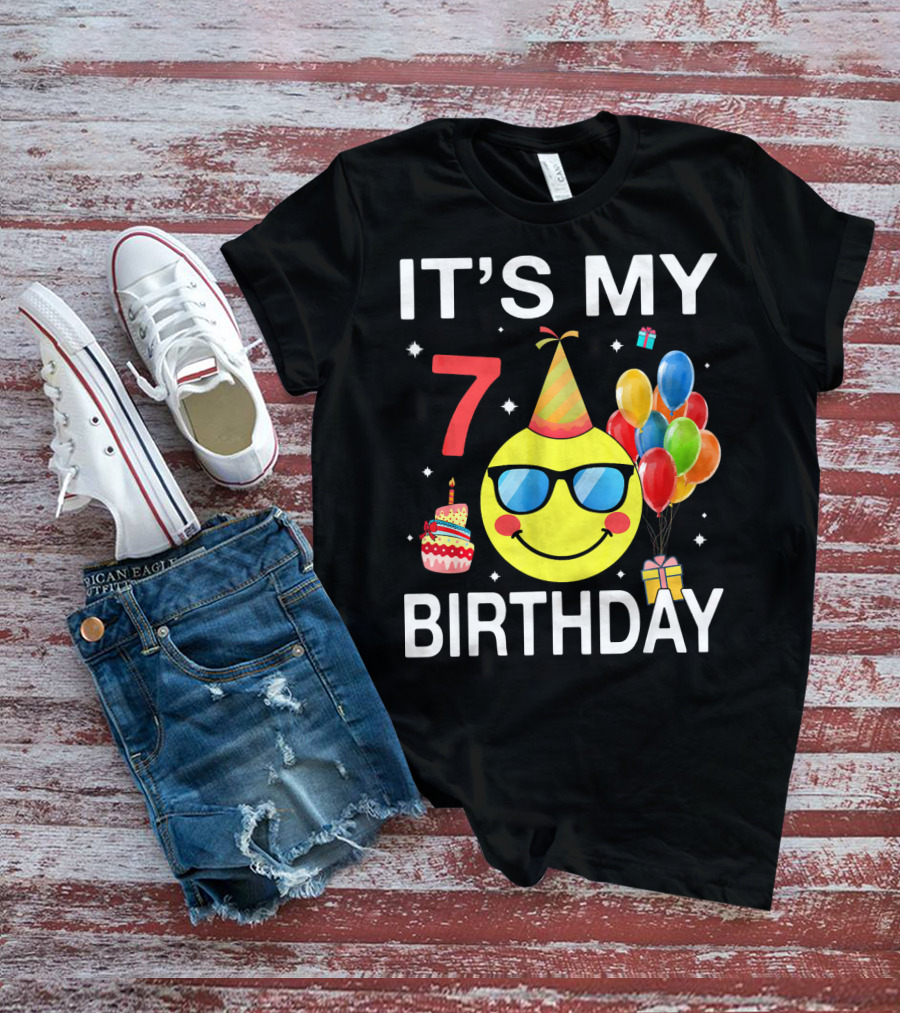 IT'S MY 7 BIRTHDAY Emoji Party Hat Sunglasses Balloons Cake T-Shirt