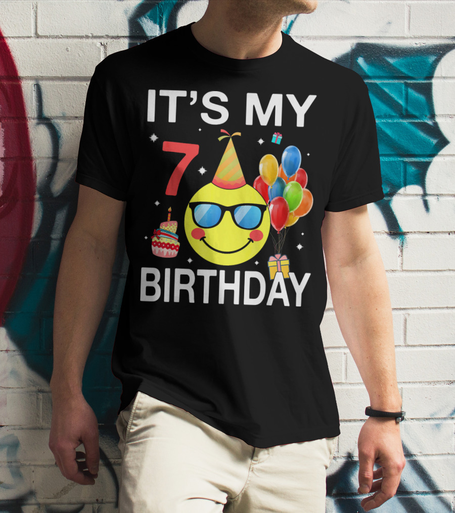 IT'S MY 7 BIRTHDAY Emoji Party Hat Sunglasses Balloons Cake T-Shirt