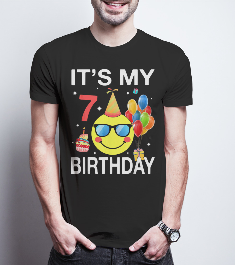 IT'S MY 7 BIRTHDAY Emoji Party Hat Sunglasses Balloons Cake T-Shirt