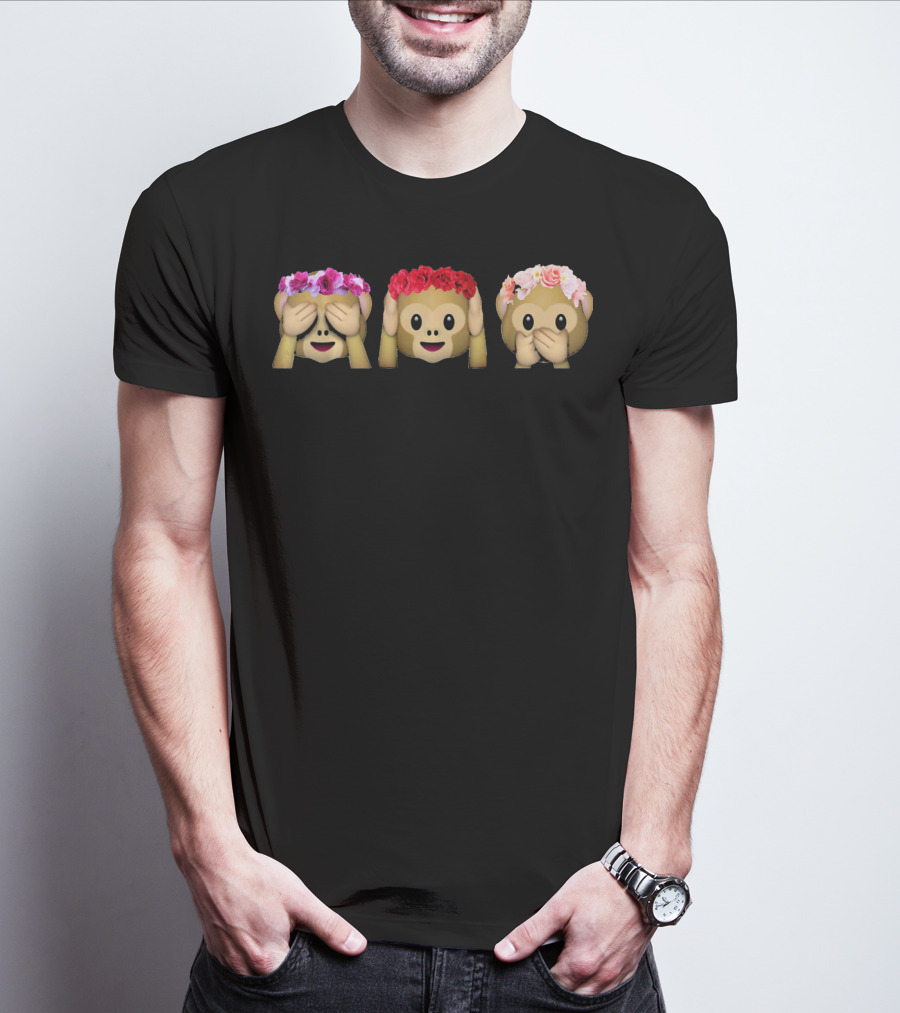 Three Emoji Monkey Flower Crown Hear Speak See T-Shirt