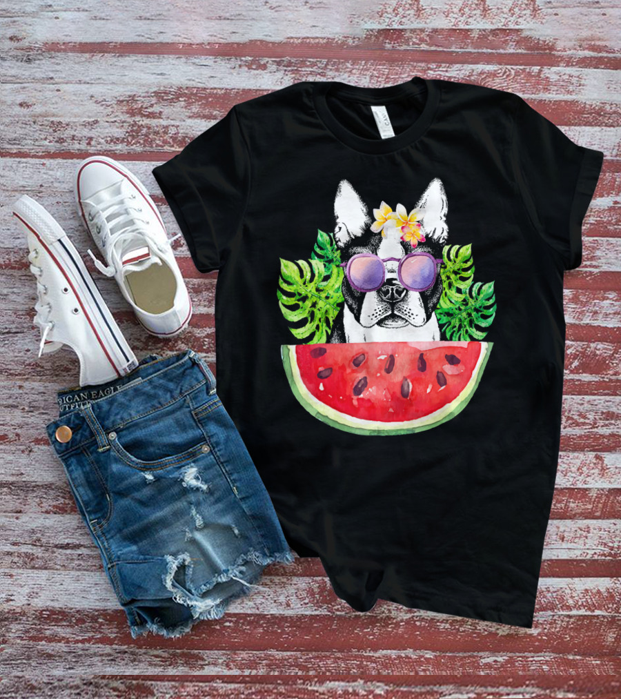 Funny Boston Terrier Love Summer Watermelon Sunglasses Tropical Vibes T-Shirt