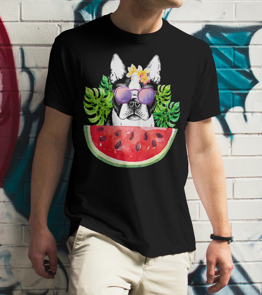 Funny Boston Terrier Love Summer Watermelon Sunglasses Tropical Vibes T-Shirt