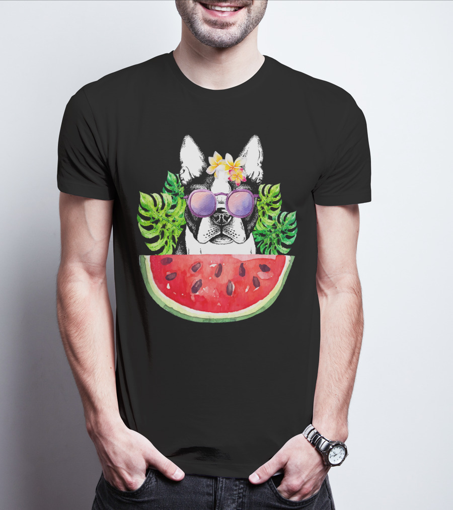 Funny Boston Terrier Love Summer Watermelon Sunglasses Tropical Vibes T-Shirt