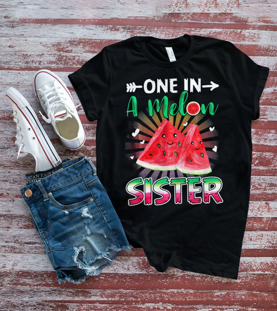 One In A Melon Sister Funny Watermelon With Smiling Slices And Hearts T-Shirt