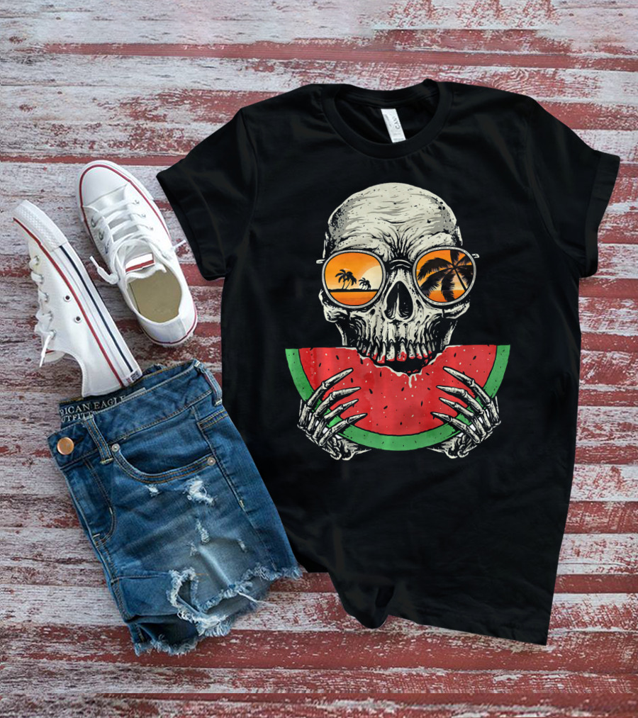 Watermelon Skull Wearing Summer Glasses With Beach Reflections T-Shirt