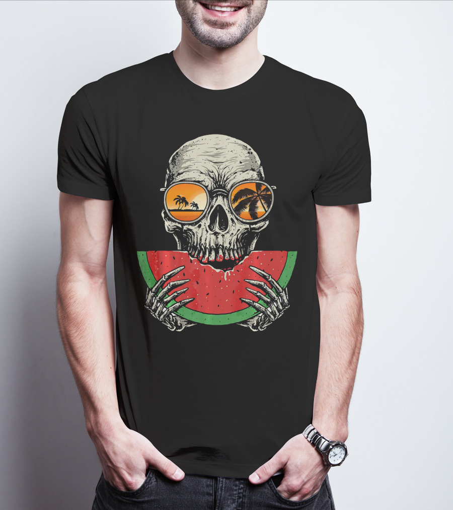 Watermelon Skull Wearing Summer Glasses With Beach Reflections T-Shirt