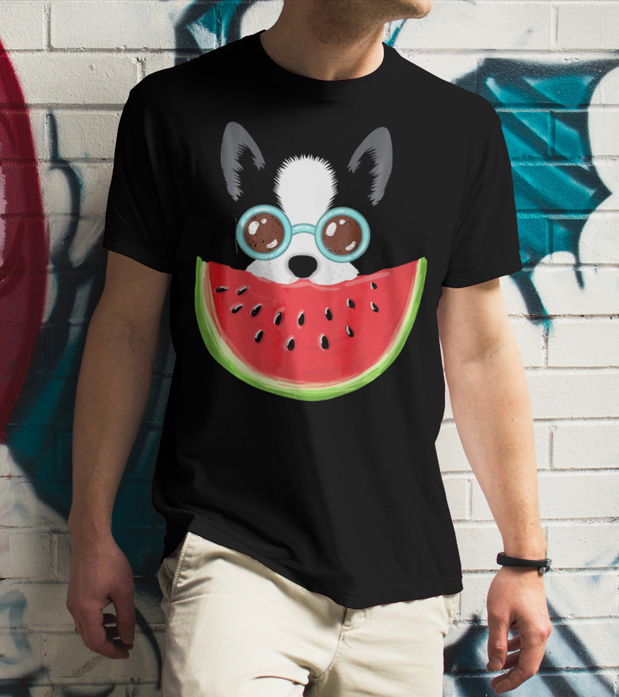 Watermelon Love Funny Boston Terrier With Sunglasses T-Shirt