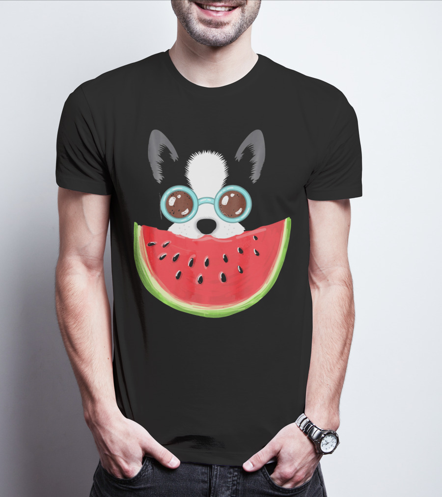 Watermelon Love Funny Boston Terrier With Sunglasses T-Shirt