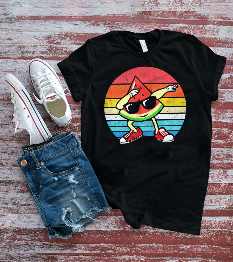 Dabbing Watermelon Vintage Summer Retro Sunset Stripes T-Shirt