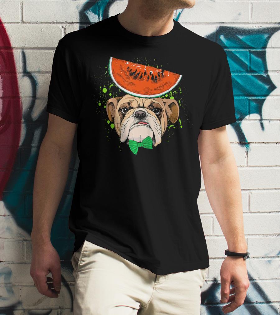 Bulldog Wearing Watermelon Hat With Green Bow Tie T-Shirt