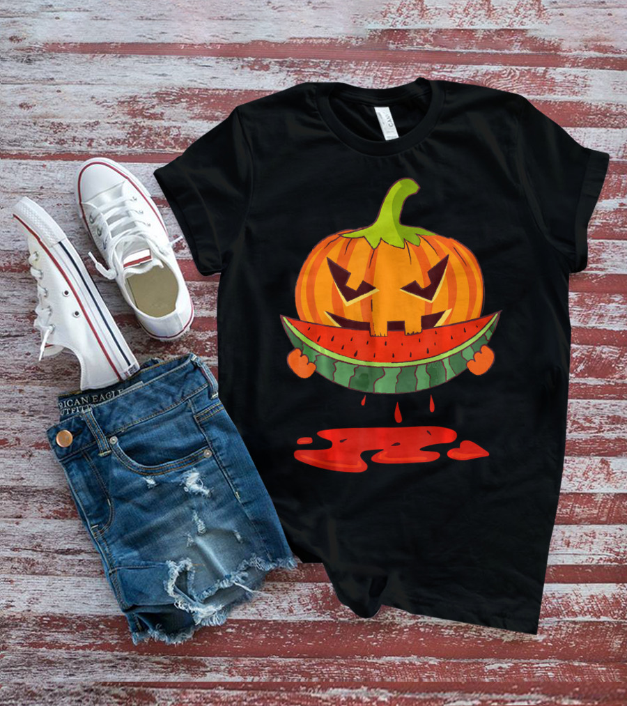 Creepy Pumpkin Devours Juicy Watermelon In Spooky T-Shirt