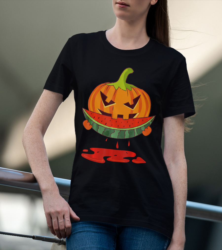 Creepy Pumpkin Devours Juicy Watermelon In Spooky T-Shirt