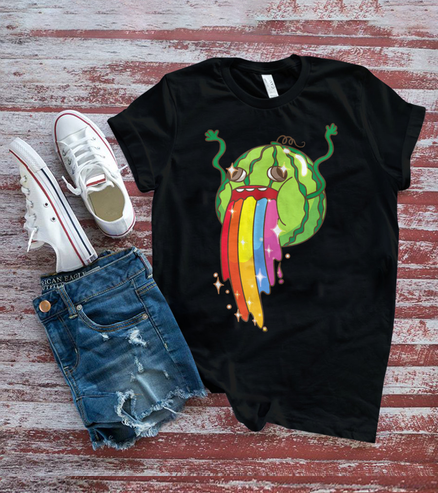 Comic Watermelon Vomits Sparkling Rainbow Streams T-Shirt