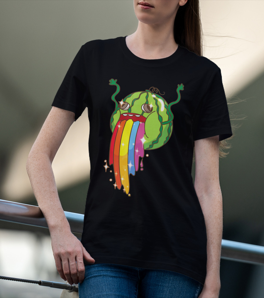 Comic Watermelon Vomits Sparkling Rainbow Streams T-Shirt