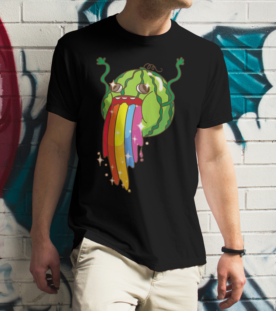 Comic Watermelon Vomits Sparkling Rainbow Streams T-Shirt