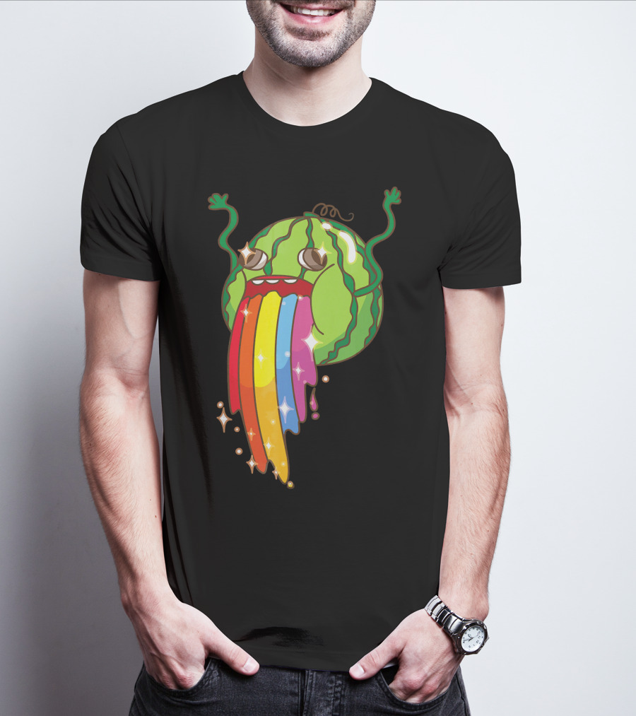 Comic Watermelon Vomits Sparkling Rainbow Streams T-Shirt
