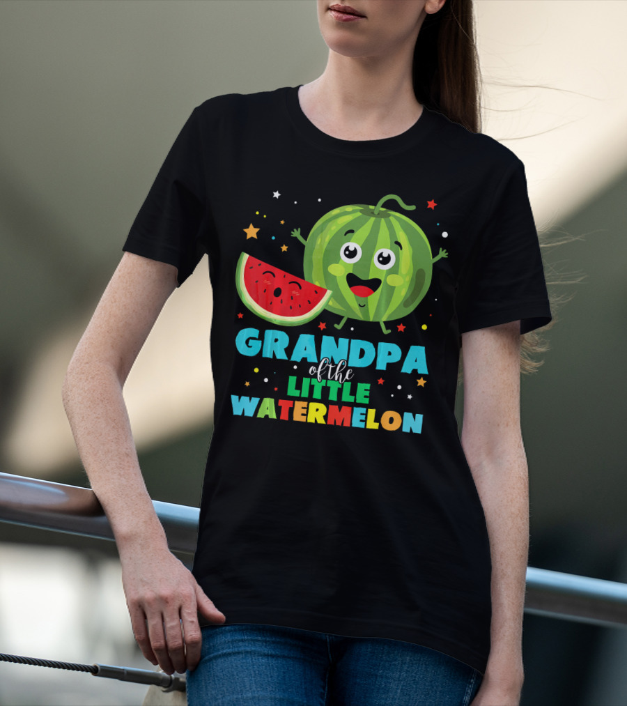 Grandpa Of The Little Watermelon With Happy Cartoon Fruit And Colorful Stars T-Shirt