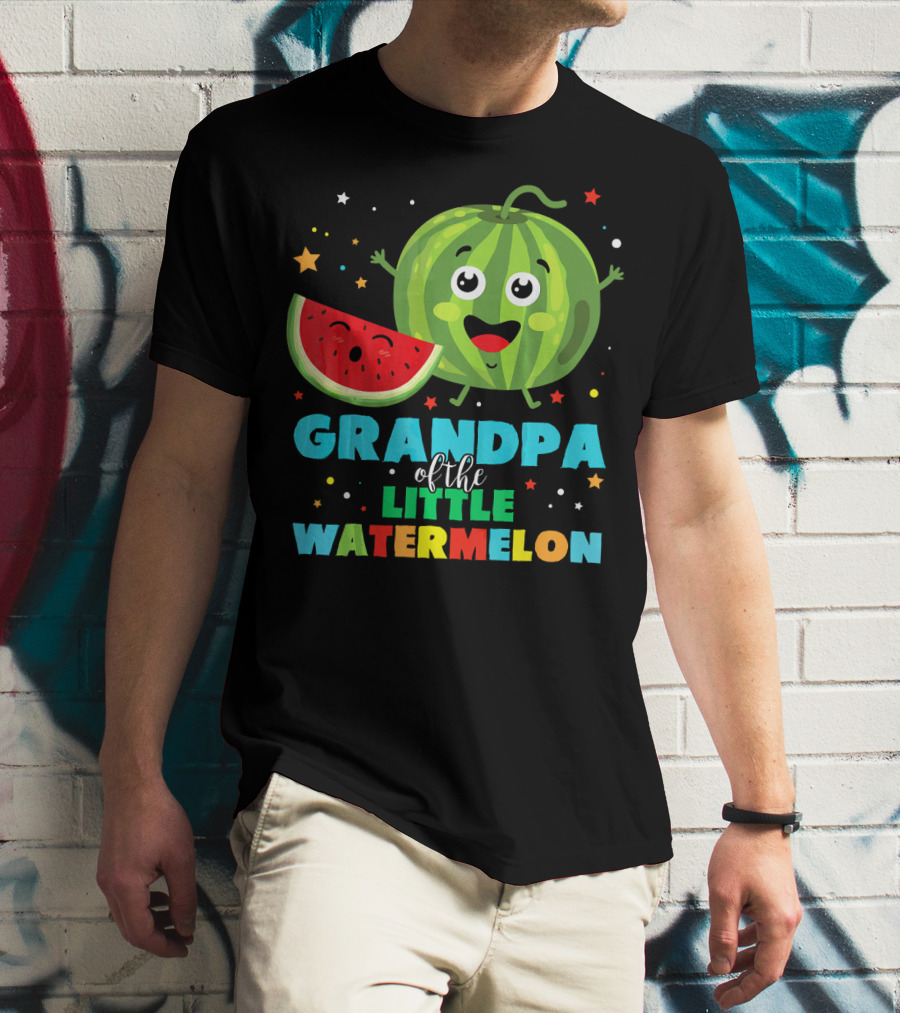 Grandpa Of The Little Watermelon With Happy Cartoon Fruit And Colorful Stars T-Shirt
