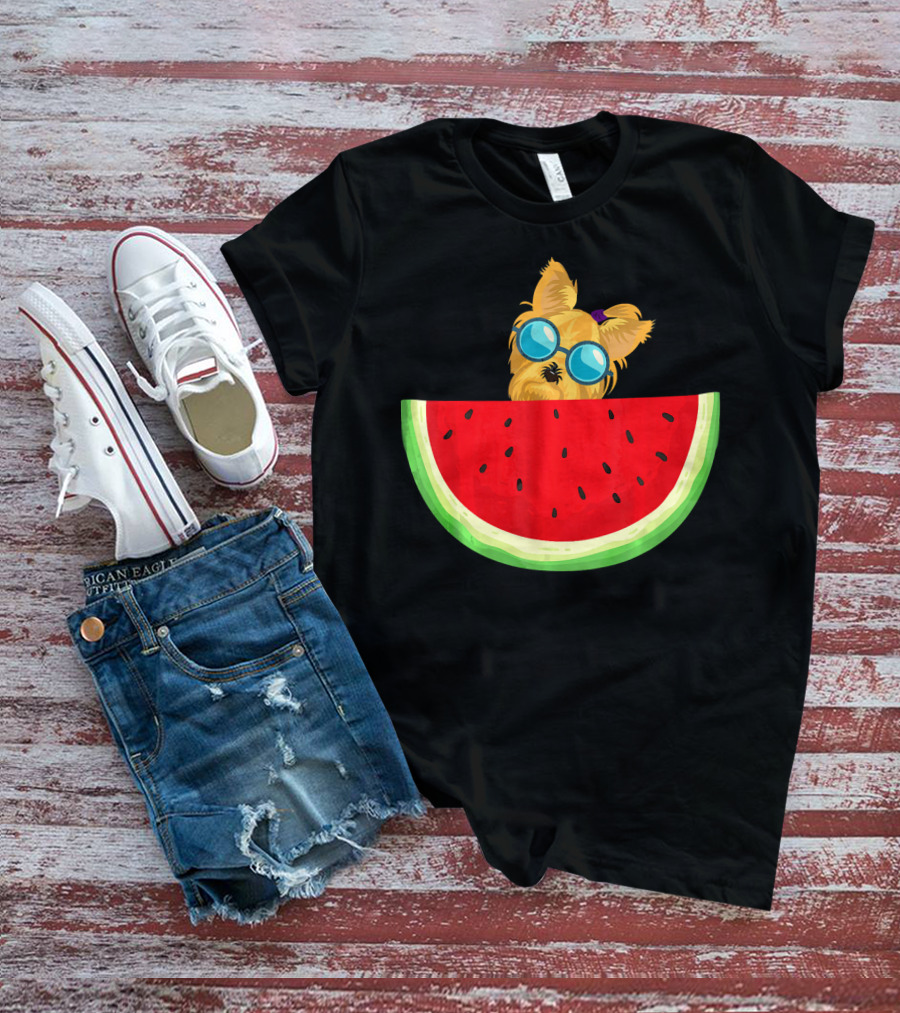 Yorkie Dog With Sunglasses And Watermelon Slice T-Shirt
